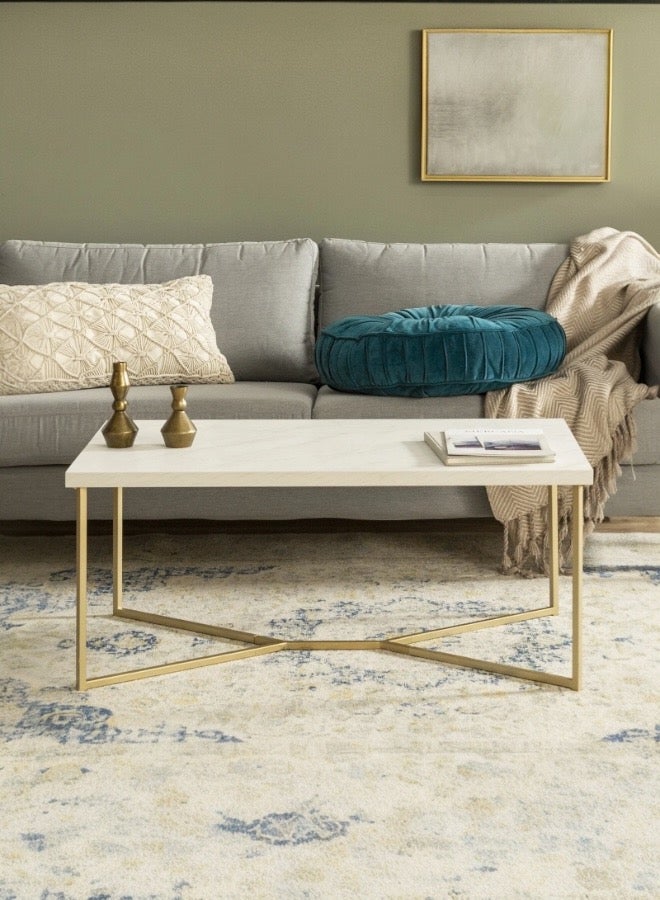 Mobellya Modern Coffee Table with white Wooden Surface  Top and Gold Metal Frame Table  - Minimalist Design - Image 2